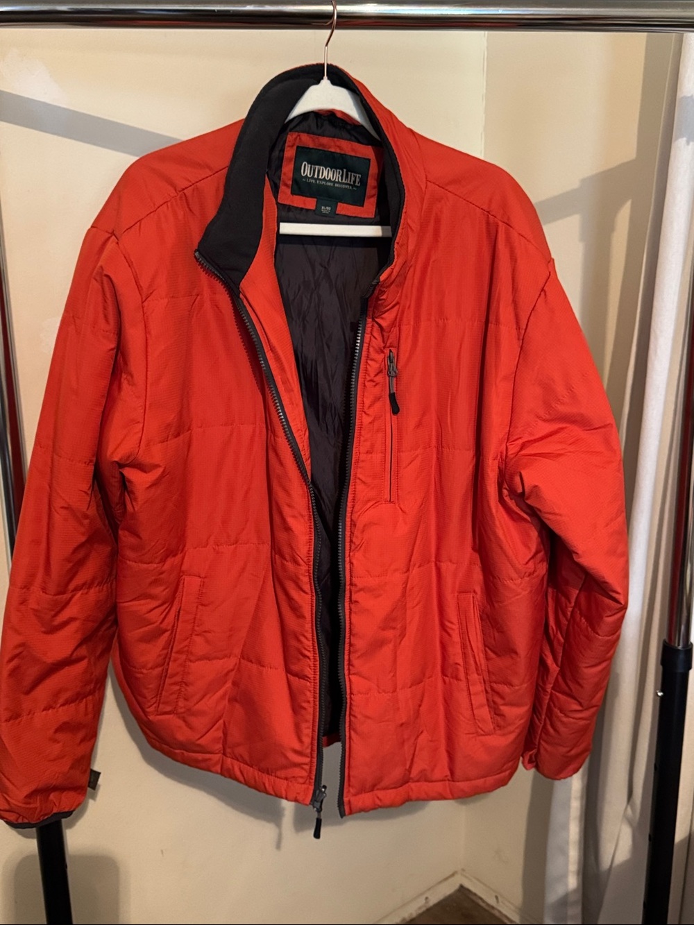 Outdoor Life Men’s Orange-Red Quilted Puffer Jacket with Black Trim